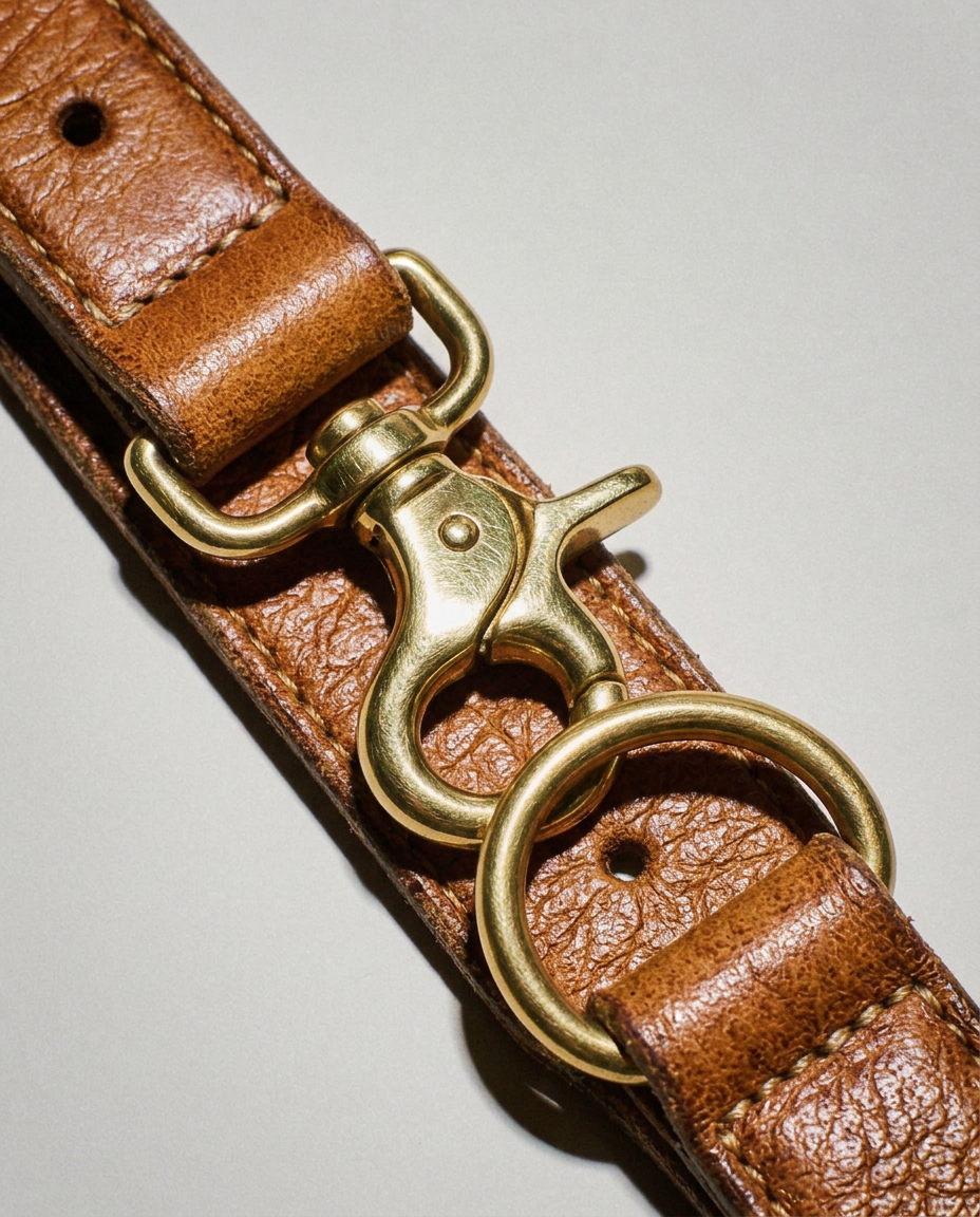 Vegetable-tanned bridle leather and ivory saddle stitching, close