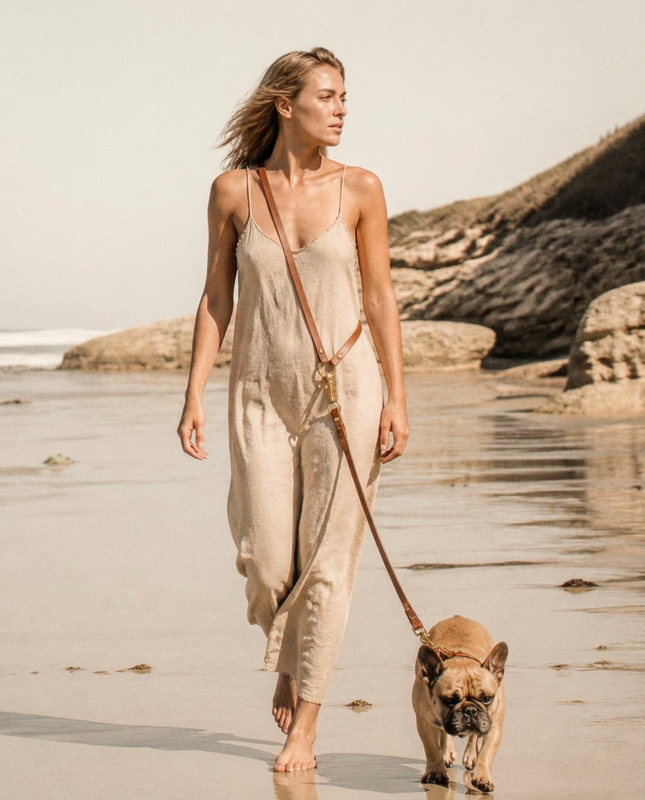 The shoreline at low tide in a bone linen slip, hands empty, the cognac lead worn crossbody to a fawn French bulldog.