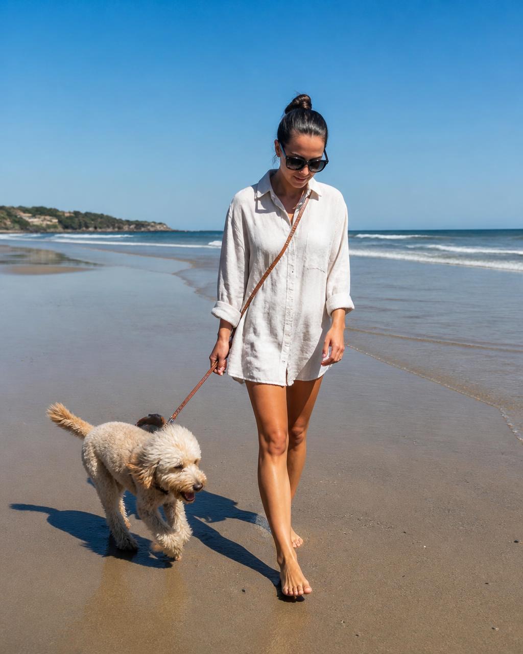 A woman walks the shoreline at low tide, hands empty, the leash worn crossbody to a sandy cream spoodle.