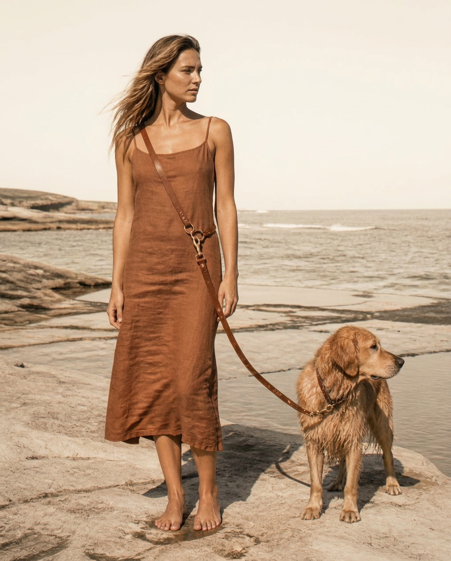 A woman stands at the edge of an ocean rock pool on bleached sandstone, hands empty, the cognac leash clipped at her hip ring to a wet golden retriever.