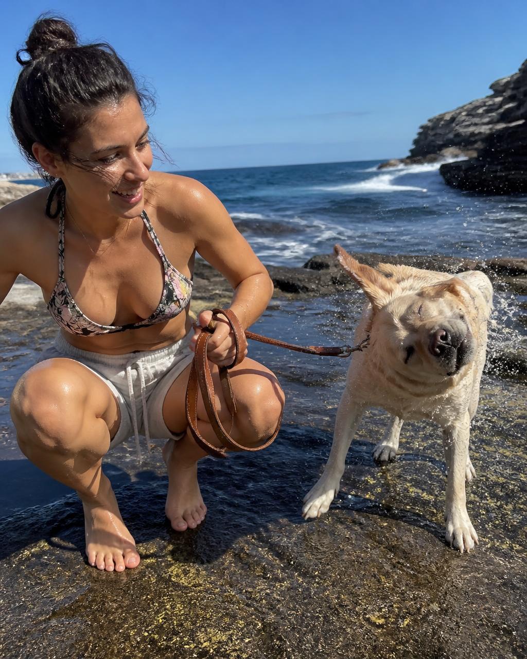 A woman crouches at the edge of an ocean rock pool with the leash doubled at her wrist and a wet labrador beside her.