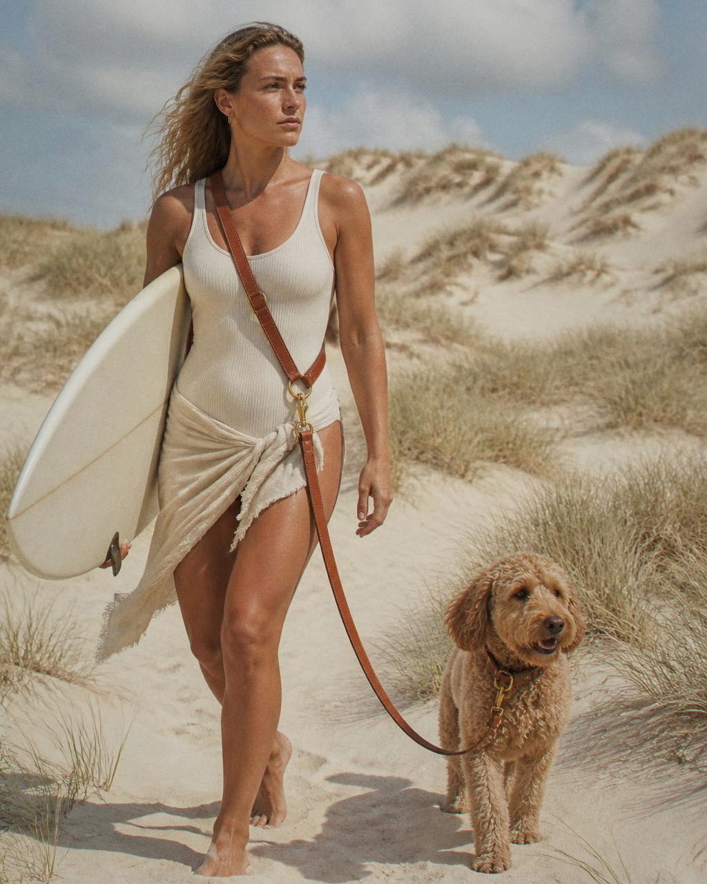 A woman crosses a dune carrying a cream single fin surfboard with Daisy clipped to the cognac leash at her hip.