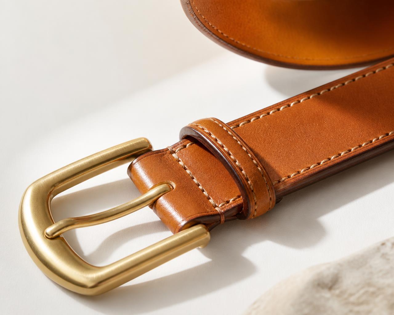 Macro detail of the hand-polished solid brass buckle on vegetable-tanned natural bridle leather.
