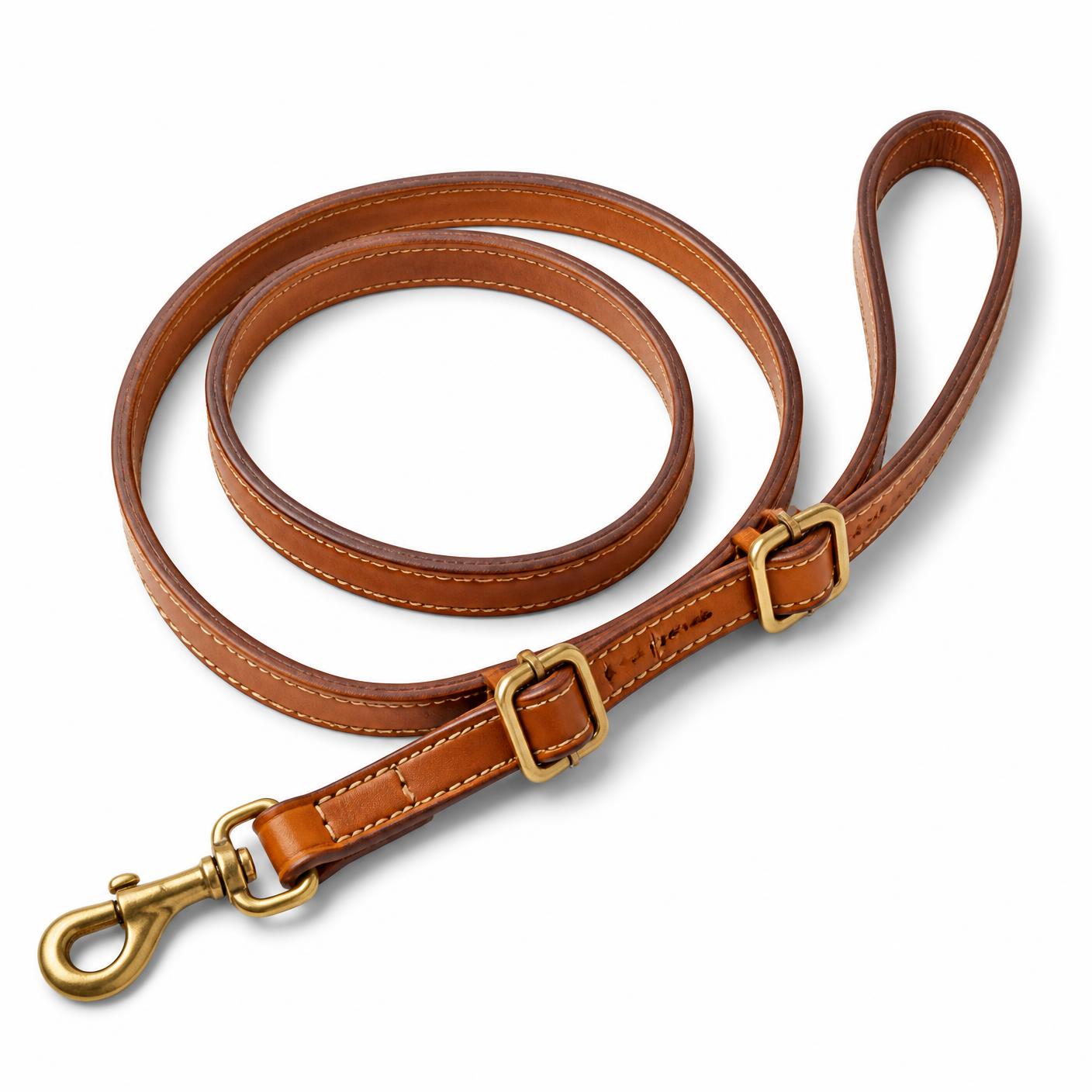 The Boundless Leash laid flat: a tan natural bridle leather strap coiled loosely with two brass slide buckles and a brass swivel clip.