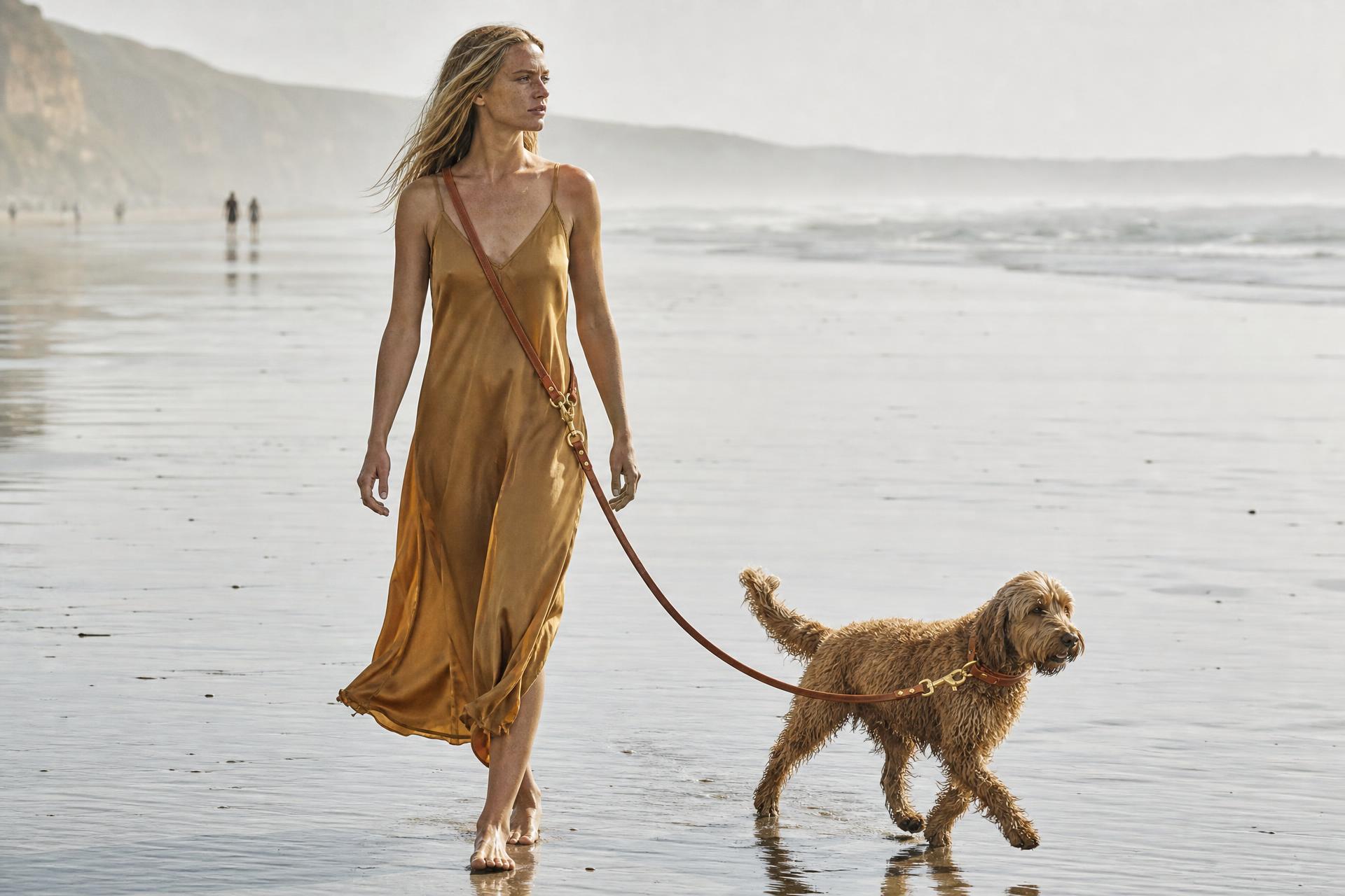 A woman walks flat wet sand at low tide in ochre silk, her reflection beneath her, Daisy alert beside her.