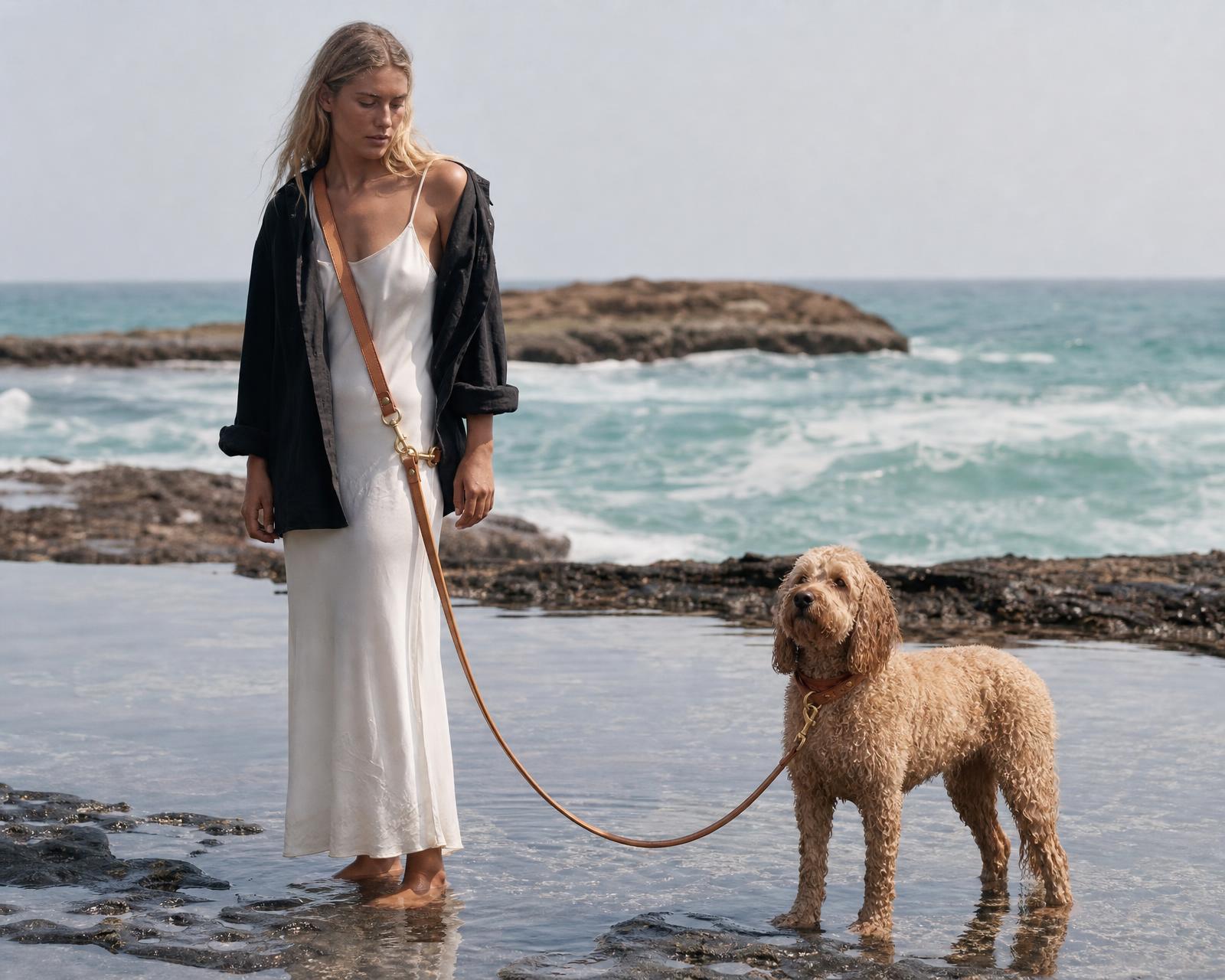 A woman stands at the edge of a dark ocean rock pool with the leash doubled at her wrist and Daisy in the shallows.