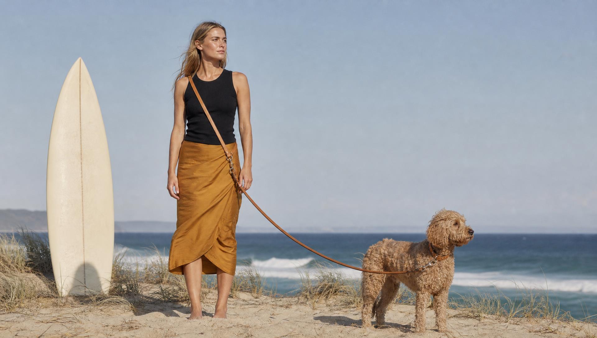 A woman stands on a sand dune holding a surfboard upright with Daisy in the same vertical axis.