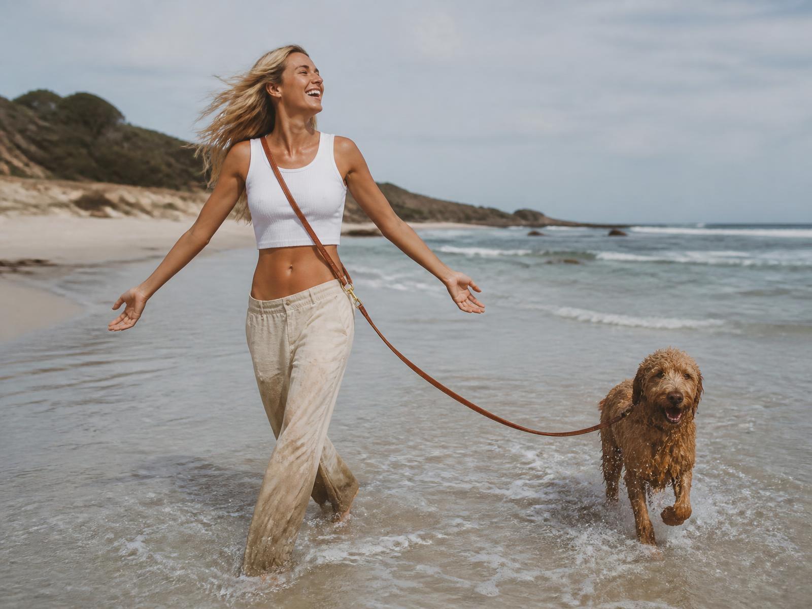 A woman caught mid-laugh on wet coastal rock while Daisy shakes seawater from her coat.