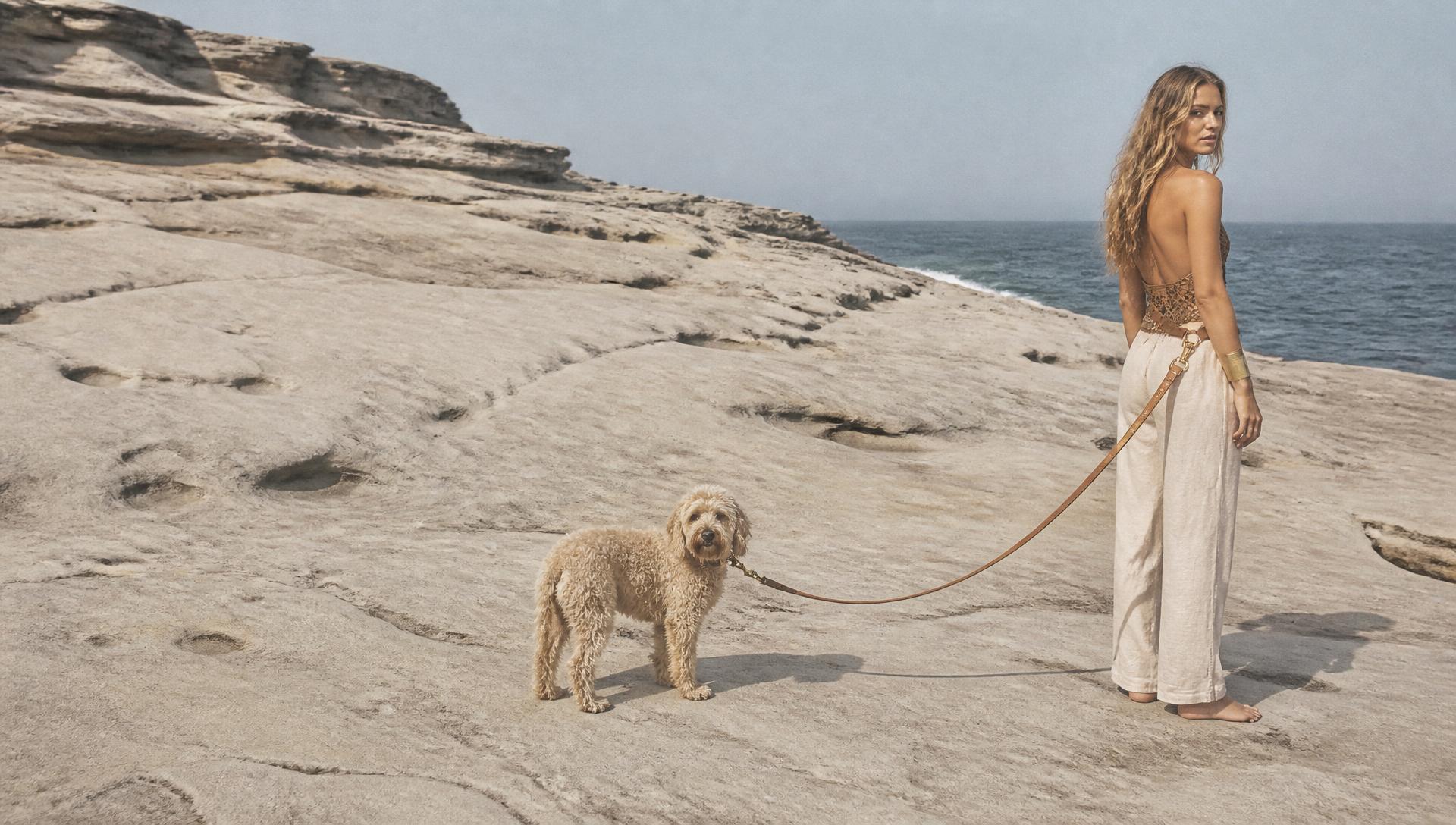 Bleached sandstone above open ocean, ochre linen, the lead worn crossbody and closed at her hip, Daisy at her side