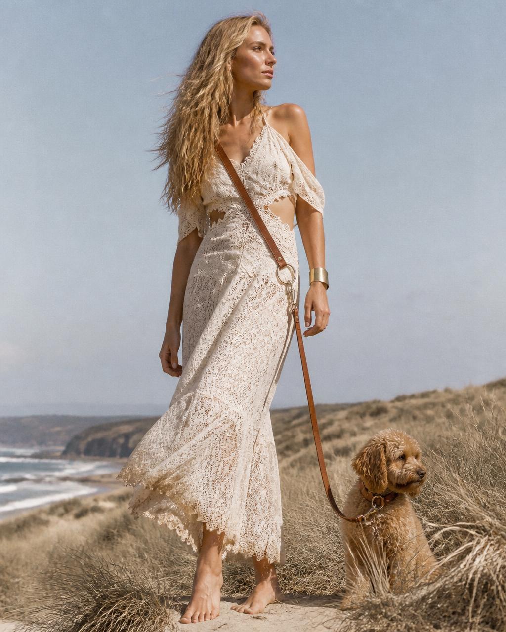 A dune hollow, open ecru linen and bone denim, Daisy sitting at her hip on the lead