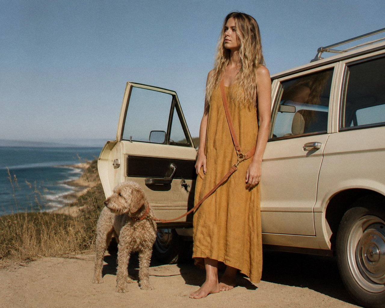 Leaning against the open door of a cream wagon above the coast, Daisy at her hip on the lead.